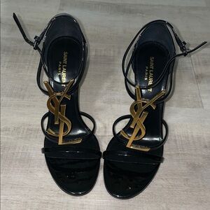 Saint Laurent Black Patent Leather Cassandra Stiletto Sandals with Gold YSL Embl
